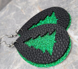 Green Glitter FAUX Leather Earrings with Christmas Tree Cut Out Overlay