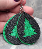 Green Glitter FAUX Leather Earrings with Christmas Tree Cut Out Overlay