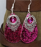 Chunky Fuchsia Glitter Very Sparkly Double Sided FAUX Leather Teardrop Earrings with Chandelier Charm and Fuchsia Swarovski Crystal Overlays