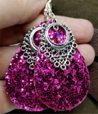 Chunky Fuchsia Glitter Very Sparkly Double Sided FAUX Leather Teardrop Earrings with Chandelier Charm and Fuchsia Swarovski Crystal Overlays