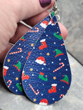 Santa Hat, Stockings and Candy Canes Patterned Teardrop Shaped Blue FAUX Leather Earrings