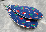 Santa Hat, Stockings and Candy Canes Patterned Teardrop Shaped Blue FAUX Leather Earrings