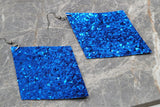 Cobalt Blue Glitter Large Diamond Shaped FAUX Leather Earrings