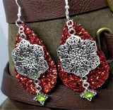 Chunky Red Glitter Very Sparkly Double Sided FAUX Leather Teardrop Earrings with Large Silver and Green Crystal Charm Overlays