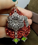 Chunky Red Glitter Very Sparkly Double Sided FAUX Leather Teardrop Earrings with Large Silver and Green Crystal Charm Overlays