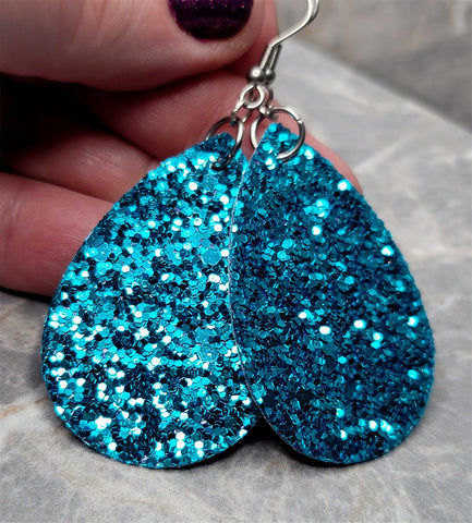 Turquoise Blue Glitter FAUX Leather Small Teardrop Earrings