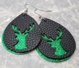 Green Glitter FAUX Leather Earrings with Reindeer Cut Out Overlay