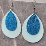 Shiny Light Blue FAUX Leather Teardrop Earrings with Aqua Blue Glitter FAUX Leather Teardrop Overlays