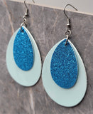 Shiny Light Blue FAUX Leather Teardrop Earrings with Aqua Blue Glitter FAUX Leather Teardrop Overlays