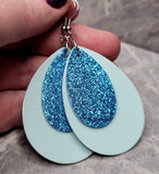 Shiny Light Blue FAUX Leather Teardrop Earrings with Aqua Blue Glitter FAUX Leather Teardrop Overlays