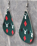 Argyle and Reindeer Green Tear Drop Shaped FAUX Leather Earrings