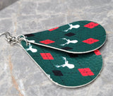 Argyle and Reindeer Green Tear Drop Shaped FAUX Leather Earrings