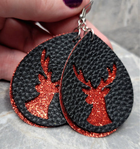 Red Glitter FAUX Leather Earrings with Reindeer Cut Out Overlay