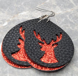 Red Glitter FAUX Leather Earrings with Reindeer Cut Out Overlay