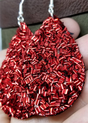 CLEARANCE Long Chunky Red Glitter Very Sparkly FAUX Leather Teardrop Earrings