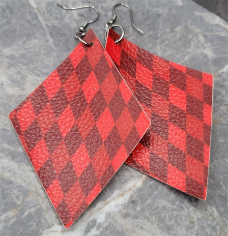 Red Argyle Diamond Shaped FAUX Leather Earrings