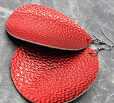 Red Metallic Large Water Drop Shaped FAUX Leather Earrings