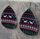 Ugly Christmas Sweater Patterned Waterdrop Shaped FAUX Leather Earrings