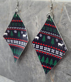 Ugly Christmas Sweater Patterned Diamond Shaped FAUX Leather Earrings