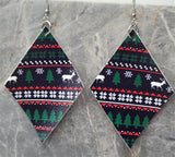 Ugly Christmas Sweater Patterned Diamond Shaped FAUX Leather Earrings