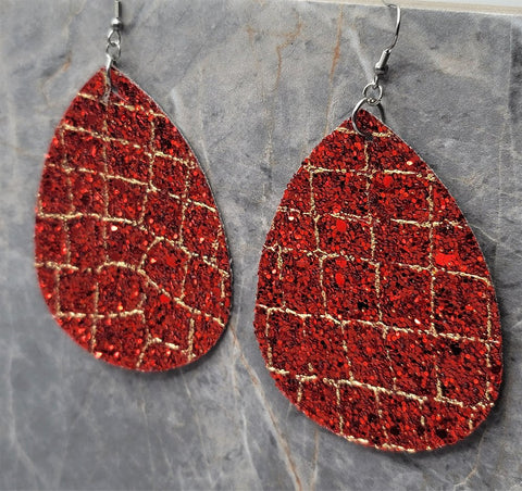 Red Glitter with Gold Glitter Lines FAUX Leather Large Waterdrop Earrings