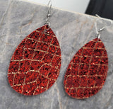 Red Glitter with Gold Glitter Lines FAUX Leather Large Waterdrop Earrings