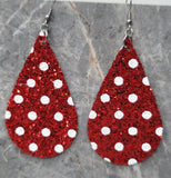 Red Glitter with White Polka Dots FAUX Leather Large Teardrop Earrings