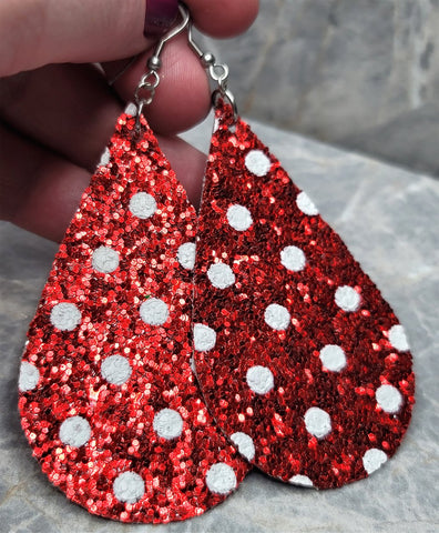 Red Glitter with White Polka Dots FAUX Leather Large Teardrop Earrings