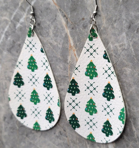 Christmas Tree and Hash Tag Patterned Teardrop Shaped Green FAUX Leather Earrings