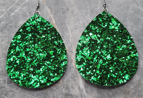 Green Glitter FAUX Leather Large Waterdrop Earrings