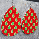 Christmas Cookie Tree Patterned Waterdrop Shaped Red FAUX Leather Earrings