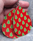 Christmas Cookie Tree Patterned Waterdrop Shaped Red FAUX Leather Earrings