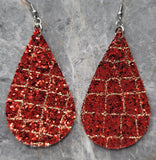 Red Glitter with Gold Glitter Lines FAUX Leather Large Teardrop Earrings
