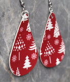 Christmas Tree Patterned Teardrop Shaped Red FAUX Leather Earrings