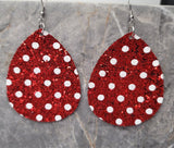 Red Glitter with White Polka Dots FAUX Leather Large Waterdrop Earrings