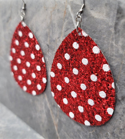 Red Glitter with White Polka Dots FAUX Leather Large Waterdrop Earrings