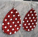 Red Glitter with White Polka Dots FAUX Leather Large Waterdrop Earrings