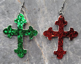 Red and Green Glitter Very Sparkly Double Sided FAUX Leather Cross Earrings