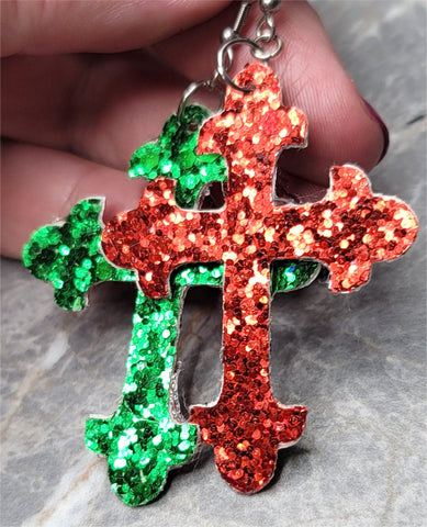 Red and Green Glitter Very Sparkly Double Sided FAUX Leather Cross Earrings