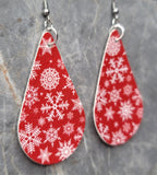 Snowflake Patterned Red Teardrop Shaped Red FAUX Leather Earrings