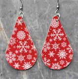 Snowflake Patterned Red Teardrop Shaped Red FAUX Leather Earrings