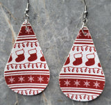 Red and White Ugly Christmas Sweater Patterned Teardrop Shaped FAUX Leather Earrings