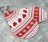 Red and White Ugly Christmas Sweater Patterned Teardrop Shaped FAUX Leather Earrings