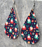 Gnome Christmas Patterned Teardrop Shaped FAUX Leather Earrings