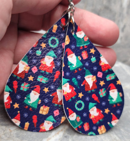Gnome Christmas Patterned Teardrop Shaped FAUX Leather Earrings