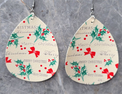 Merry Christmas and Holly Patterned Waterdrop Shaped FAUX Leather Earrings