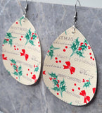 Merry Christmas and Holly Patterned Waterdrop Shaped FAUX Leather Earrings