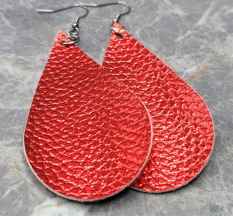 Red Metallic Large Teardrop Shaped FAUX Leather Earrings