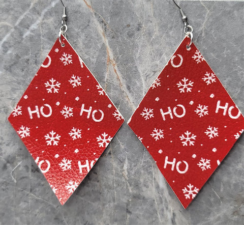 Christmas HoHoHo and Snowflake Large Red Diamond Shaped FAUX Leather Earrings