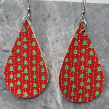 Christmas Tree Patterned Large Red Tear Drop Shaped FAUX Leather Earrings